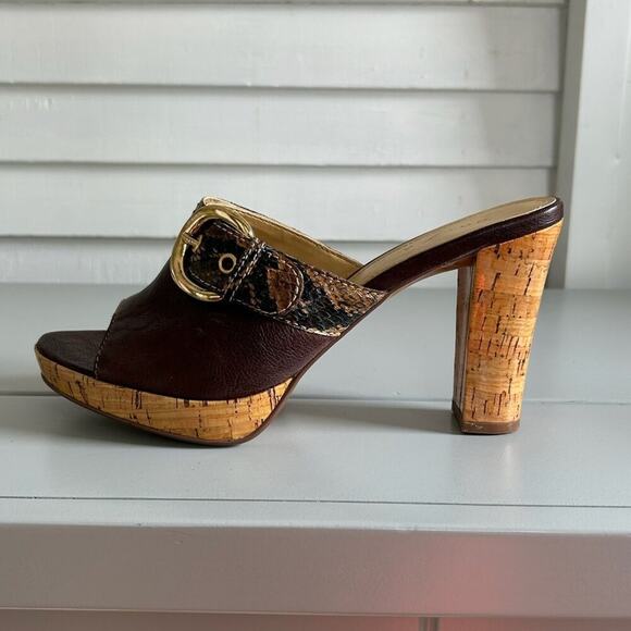 Unisa Leather Cork Heel Sandals Snake Print Buckle Open Toe Slip-On Size 10B - Picture 13 of 15